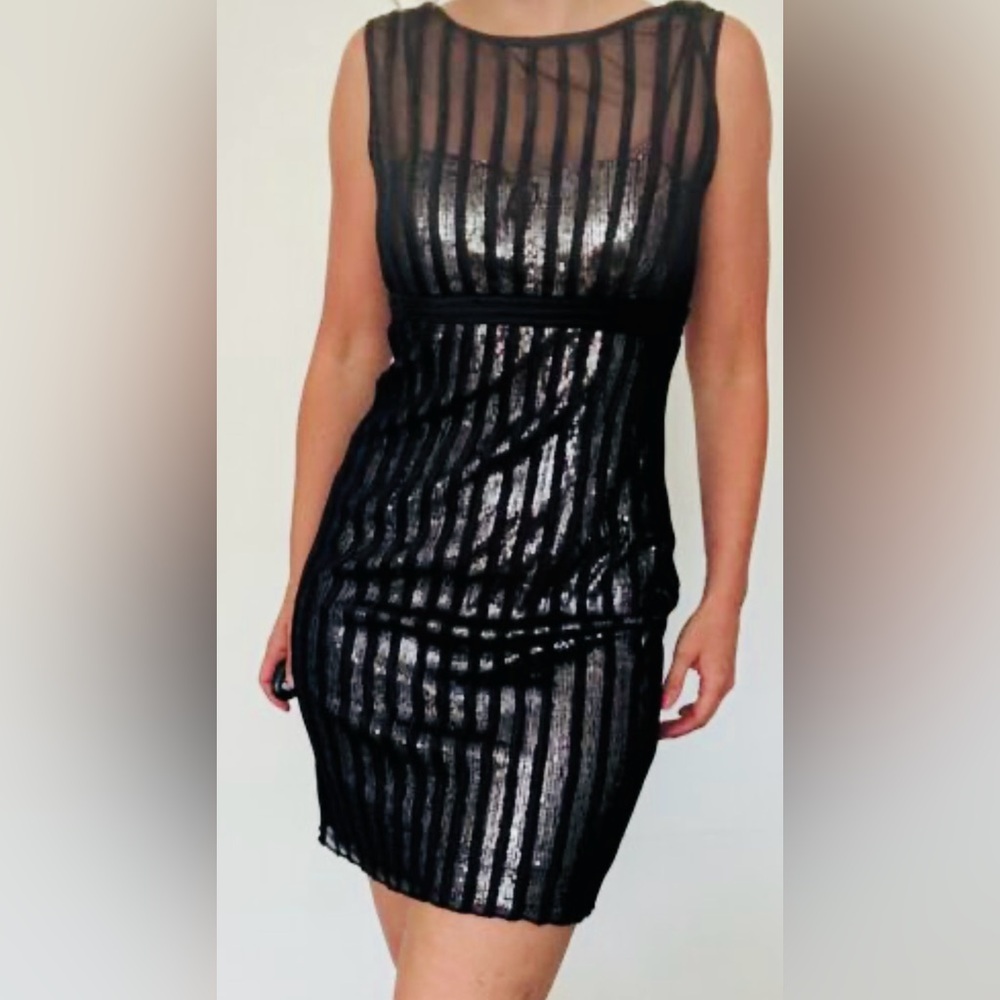 JS Collections Shimmery Black Stripe Over Silver Illusion Cocktail Mini Dress